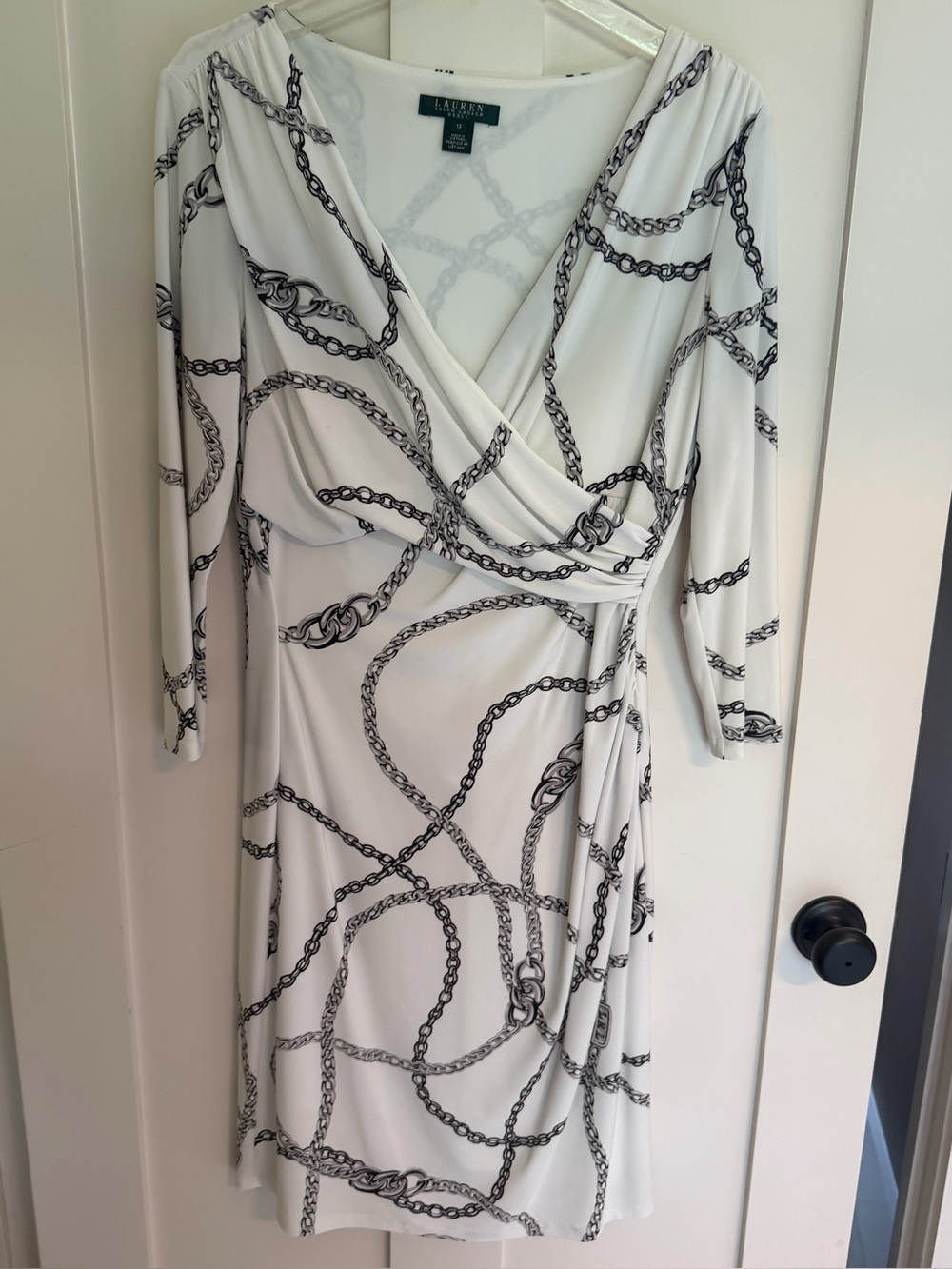 Ralph Lauren White Long-Sleeve Chain-Print Wrap Dress